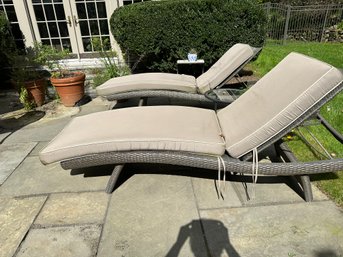 Pair Nice Wicker Lounge Chairs With Cushions And 2  Round Side Tables