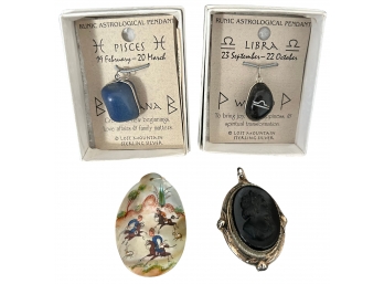 Lot Of 4 Pendants 2 NIB Astrological Pendants, Black Jet Faux Cameo, Vtg MOP Persian Hand Painted