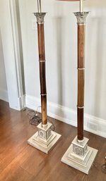 Pair Of Wood Pillar Lamps With Steel Base