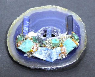 Artisan Geode Crystal Applied Gemstones Signed Brooch 1994