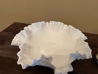 Fenton Milk Glass Hobnail Ruffled Edge Bowl - Unmarked