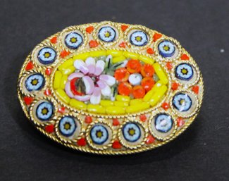 Vintage Italian Micro Mosaic Brooch In Yellow W Flowers