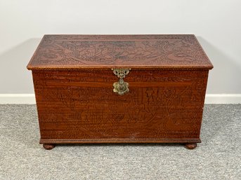 A Wonderful Vintage Chest In Mahogany With An Intricately Carved Design