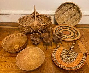 3 Hand Woven Wicker Baskets, 2 Trays, Fan & Miniature Furniture Set