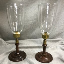 Beautiful Pair Of Large Vintage COLONIAL WILLIAMSBURG Mahogany & Hand Blown Glass Candle Holders - Nice !