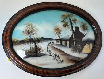 Antique Victorian Reverse Painting - Road To Cottage In Winter - Oval Frame Convex Glass - 17 X 23 - Xmas