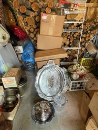 HUGE LOT OF VINTAGE SILVERPLATE INC. TRAYS, SERVING PIECES, SAMOVAR, PUNCH BOWL