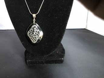 Large Sterling Silver On Black Pendant  With Chain