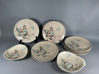 Vintage Red Wing Pottery Bob White Quail Pattern Dinner Plates & Lugged Bowls