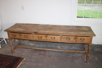 Long Antique Three Drawer English Oak Farm Table / Work Station