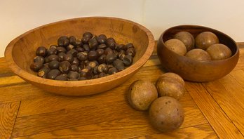 2 Vintage Hand Carved Wooden Bowls, 8 Decorative Wood Balls & Chestnuts
