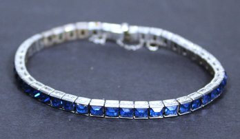 Vintage Sterling Silver Blue And White Rhinestone Bracelet W Safety Chain