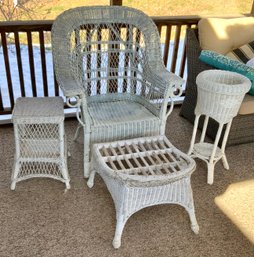 4 Piece Vintage Wicker Lot ~ Chair With Ottoman, Plant Stand & Side Table