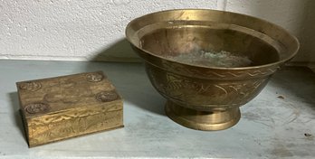 Vintage Engraved Brass Bowl And Wood Lined Box