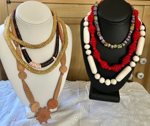 Lot Of 6 Vintage Necklaces Various Materials: Clay, Beads, Resin, Shell, Stone  (Read For Itemization)