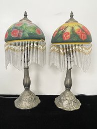 Pair Of Vintage Hand Painted Rose Beaded Fringe Glass Shade Lamps