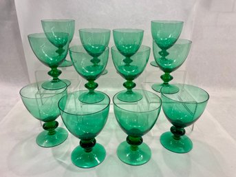 Twelve Vintage Emerald Green Footed Goblets