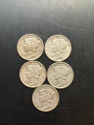 5 Mercury Dimes 1941, 1942, 1943, 1944, 1945