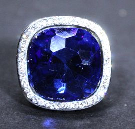 Silver Tone Large Cocktail Dinner Ring Large Blue Stone Surrounded By White Stones Size 6