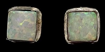 Vintage Sterling Silver Square Opal Stud Earrings