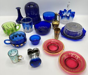 Vintage Colored Glass Plates, Mugs, Bowls, Cobalt Airport Runway Light & More (Over 15 Pieces)