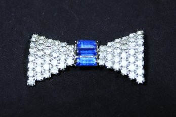 Signed Hobe Blue White Rhinestone 'Bow' Formed Brooch