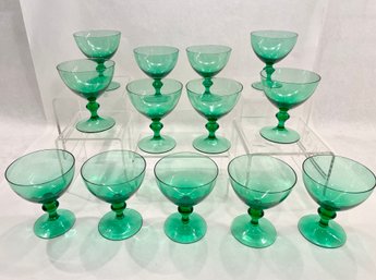 Thirteen Vintage Footed Emerald Green Cocktail Glasses