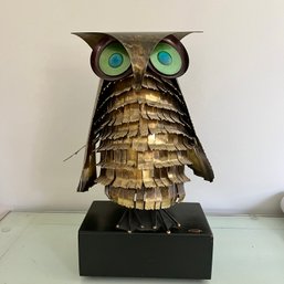A Fantastic 1969 C. Jere Brass Owl Sculpture On Wood Base