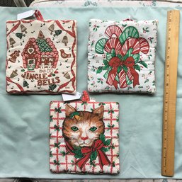 Lot Of 3 Christmas Themed Pot Holders Potholders With Cat Candy Canes & Gingerbread House