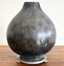 An Indian Ceramic Vase On Silver Plate Stand