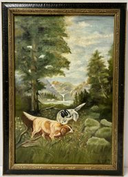 Vintage Antique Oil On Canvas - Hunting Dogs Retrieving - Black Brown White - Brittany Spaniel - 14.5 X 20.5