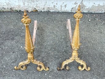 Pair Antique Iron And Brass Andirons