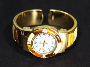 Gold Tone Contemporary Cuff Bracelet Plastic Inlay Ladies Wrist Watch