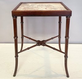 A Vintage Faux Bamboo Side Table With Classical Tapestry Top