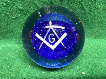 Vintage Freemason Masonic Paperweight. Suspended Logo Control Bubble Glass Cobalt Blue. In Perfect Condition.