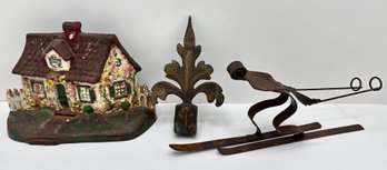 Antique Cast Iron  Painted House Doorstop, Bandskulptur Skiier Figurine From Norway& Brass Leaf Finial