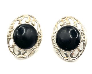 Vintage MEXICAN Sterling Silver Onyx Color Ornate Earrings