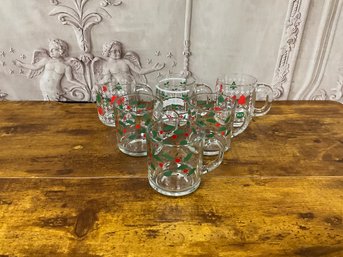 Vintage Adorable Clear Glass Holly Berry & Christmas Pattern Coffee Mugs Set/6