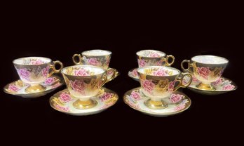 Six Royal Sealy Lusterware Roses With Gold Trim Tea Cups And Saucers