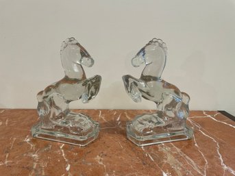 Vintage Pair Glass Rearing Horse Crystal Bookends