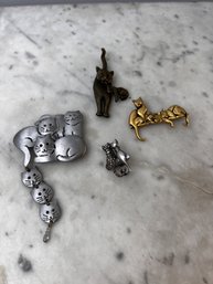 Collection Of Four Cat Motif Brooches, Most Signed