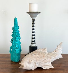 A Collection Of Decor - Carved Candlesticks, Driftwood Fish And More