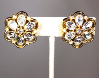 Fine Gold Tone Signed TRIFARI Bright White Rhinestone Earrings Ear Clips`