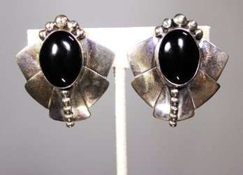 Signed J.A.W. Southwestern Sterling Silver Black Onyx Large Clip Earrings