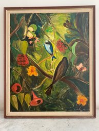 Oil On Canvas, Birds And Flowres, Signed By Artist