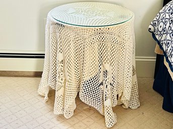Small Glass Top Round Occasional Table With Hand Made Lace And Embroidered Linens