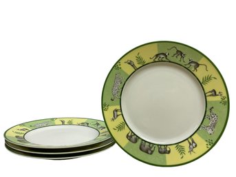 Set Of 4 HERMES Porcelain Plates In The Green Africa Pattern, Design On Boarder