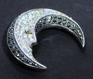 Fine Sterling Silver Crescent Moon Marcasite And White Stone Brooch