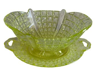 Vaseline Glass 2 Paneled Center Bowl With Underdish, Circa Late 19th Century