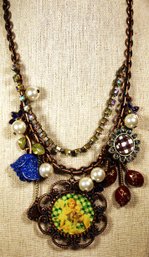 Signed Betsey Johnson Copper Tone Necklace Enamel Rhinestones